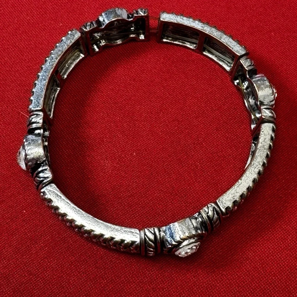 Silver Tone Elastic Braided Bracelet With Faux Diamonds‎